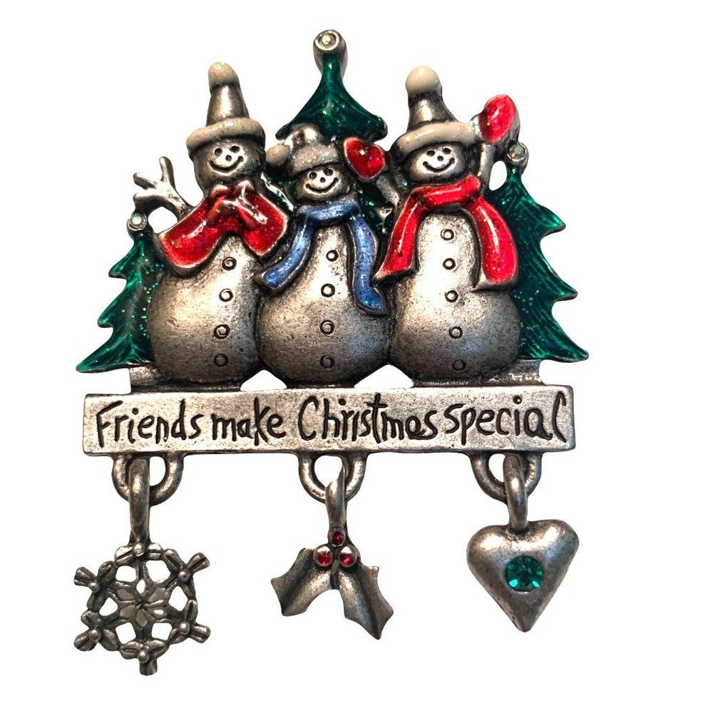 Vintage Brooch Pin AJMC Signed Snowman Christmas Friends Pewter Enamel Jewelry